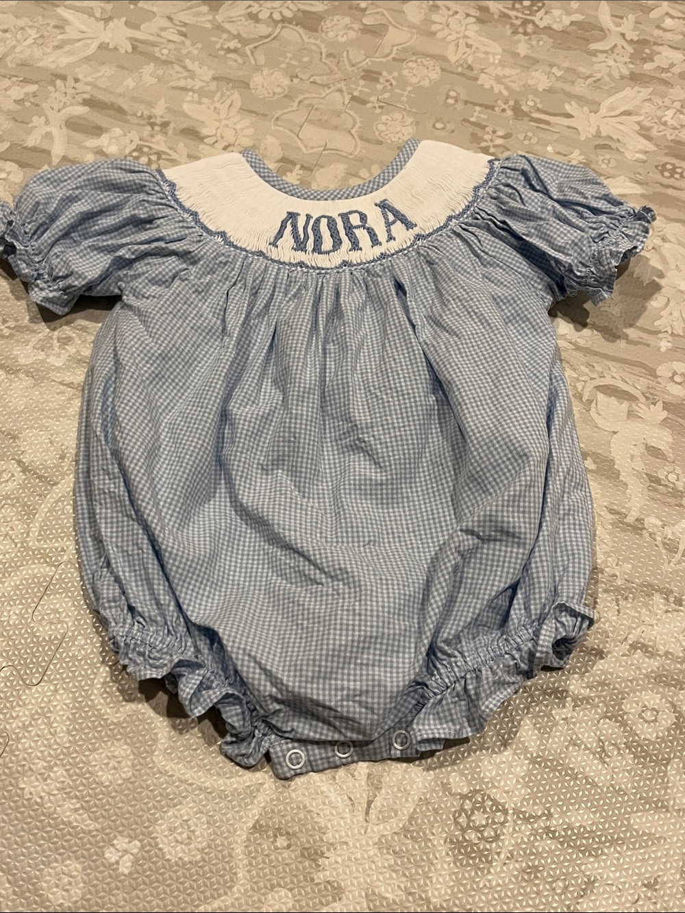 Smocked Light Blue Gingham Baby One-Piece Button Romper